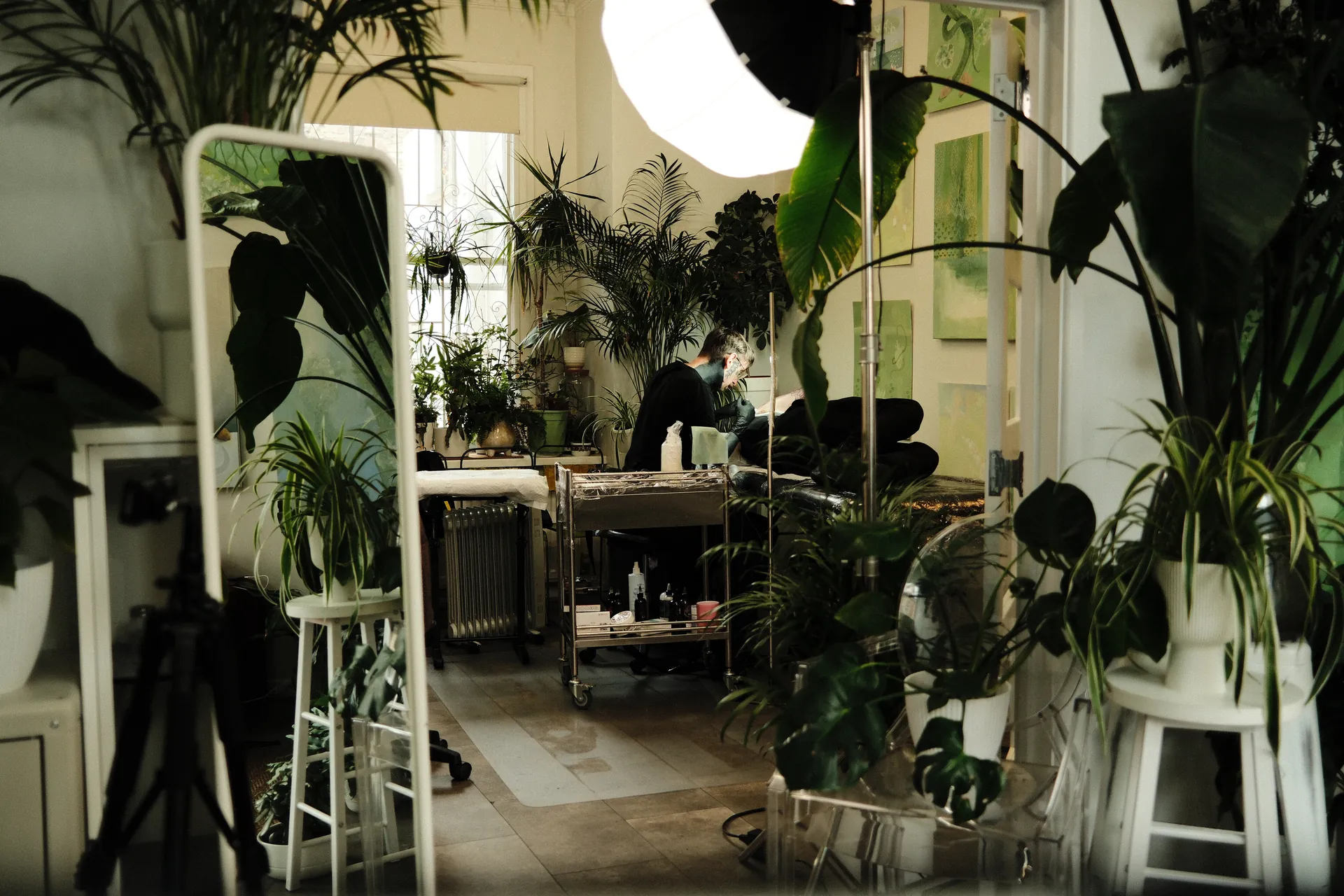 Simon tattooing in the plant-filled One Point Zero studio, Clifton, Bristol